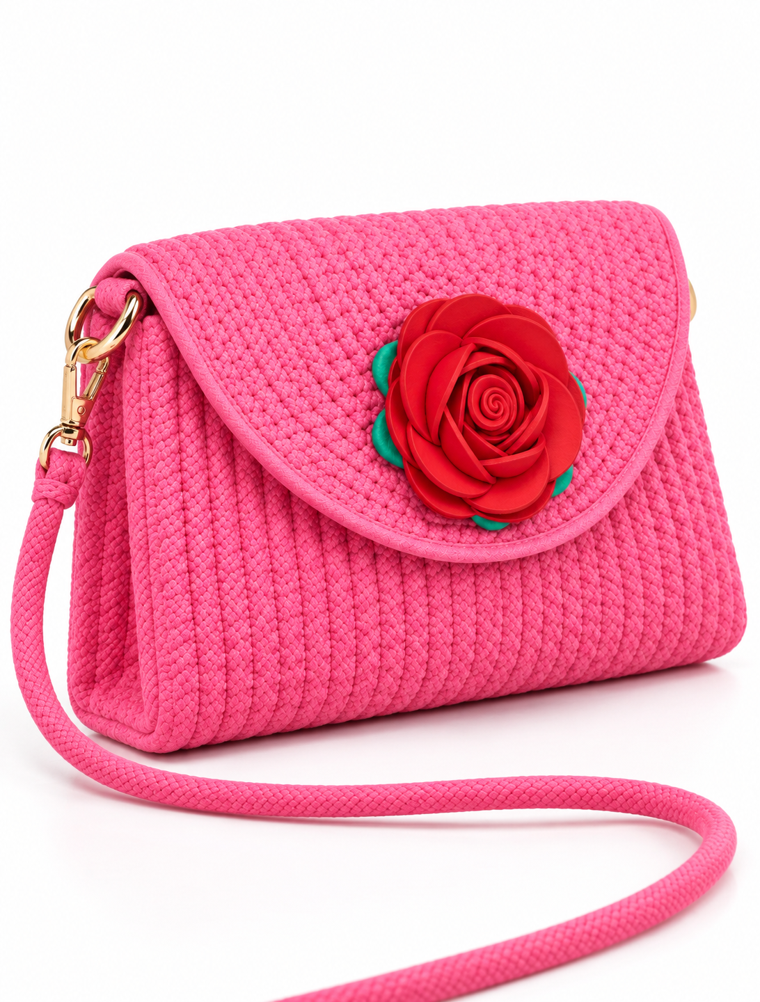 Handmade Woven Sling Bag with Floral Detailing & Detachable Strap | Stylish Clutch & Crossbody Bag for Women-12x7 inch