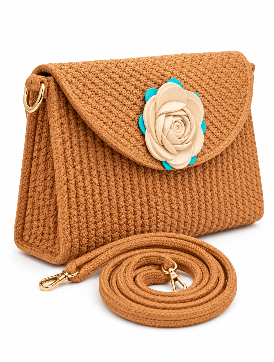 Handmade Woven Sling Bag with Floral Detailing & Detachable Strap | Stylish Clutch & Crossbody Bag for Women-14x16 inch