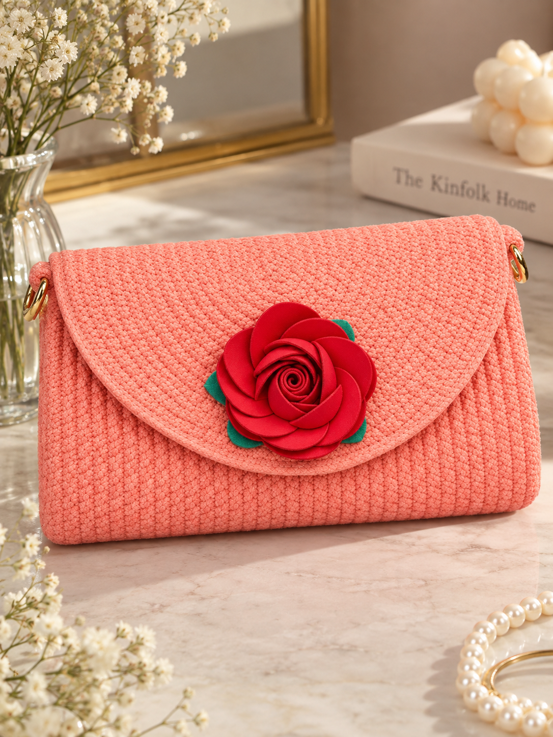 Handmade Woven Sling Bag with Floral Detailing & Detachable Strap | Stylish Clutch & Crossbody Bag for Women-12x7 inch