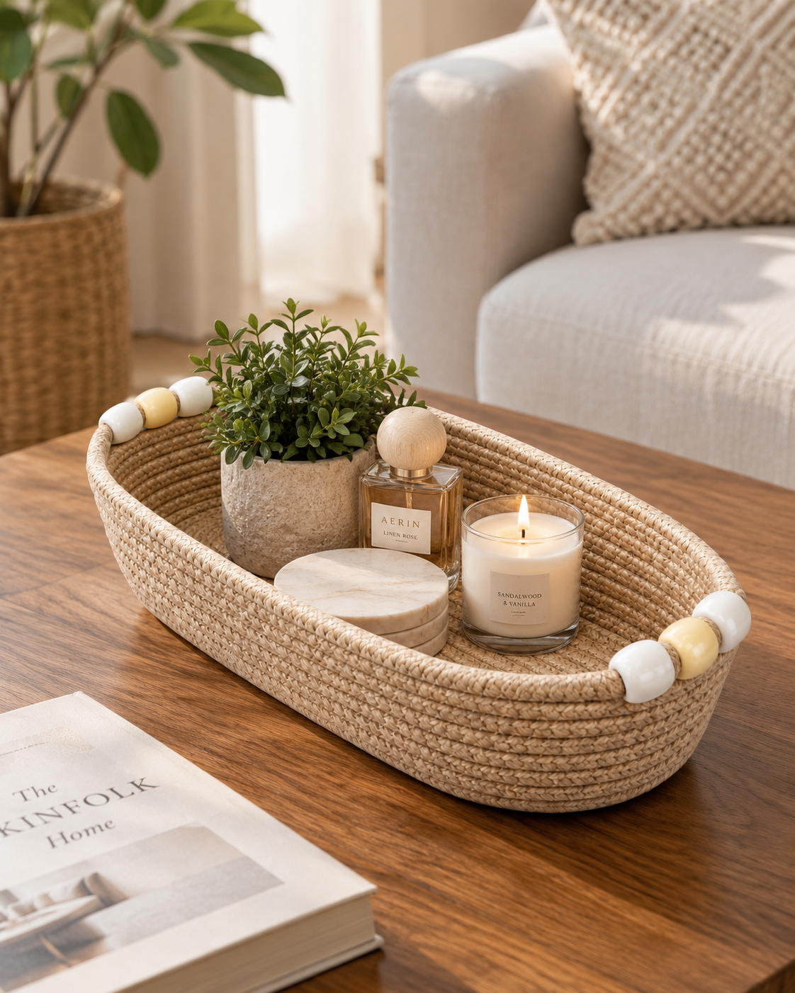 Handmade Woven Rope Storage Basket with Beaded Handles | Natural Organizer Tray for Home, Bedroom, Bathroom & Living Room Décor-4x12x4 inch