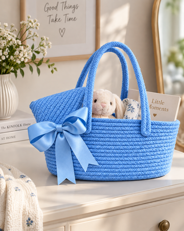 Handmade Woven Storage Basket with Bow Detail | Cute Rope Organizer Basket for Home, Nursery, Bedroom & Gift Hamper