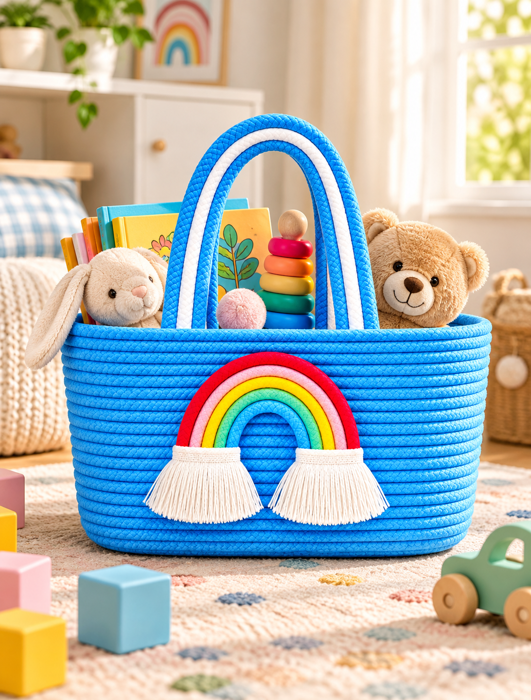 Jutepie Rainbow Rope Tote Bag – Handmade Braided Cotton Bag with Tassels | 10 × 6 × 6 Inch | Multiple Colors
