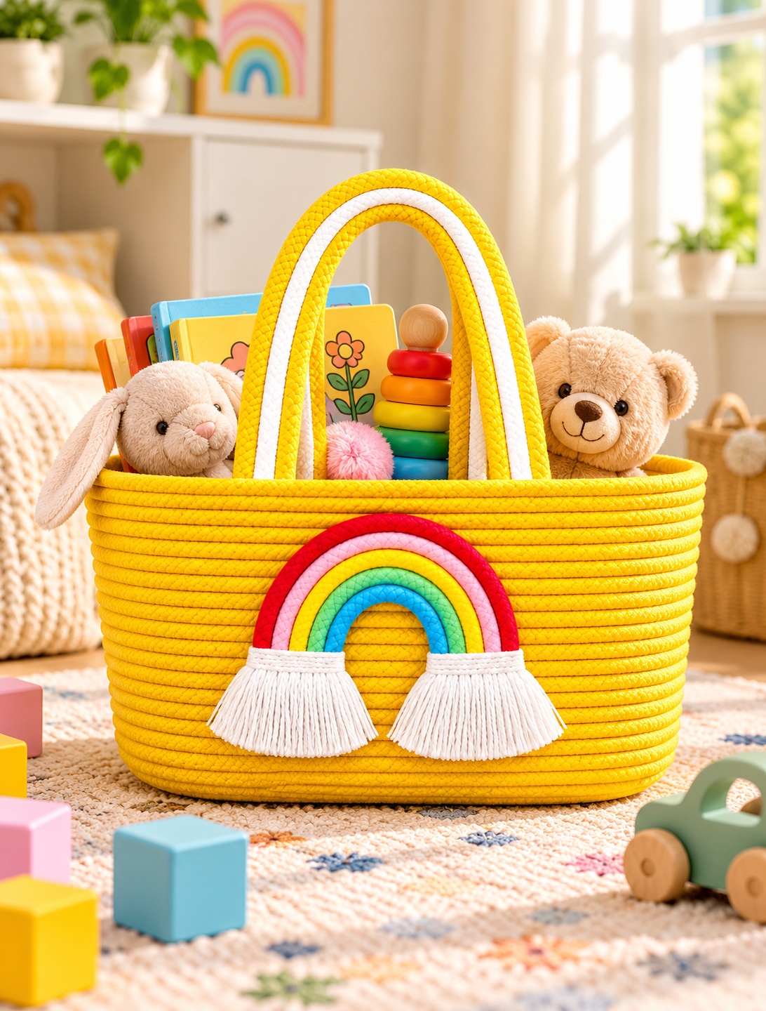 Jutepie Rainbow Rope Tote Bag – Handmade Braided Cotton Bag with Tassels | 10 × 6 × 6 Inch | Multiple Colors