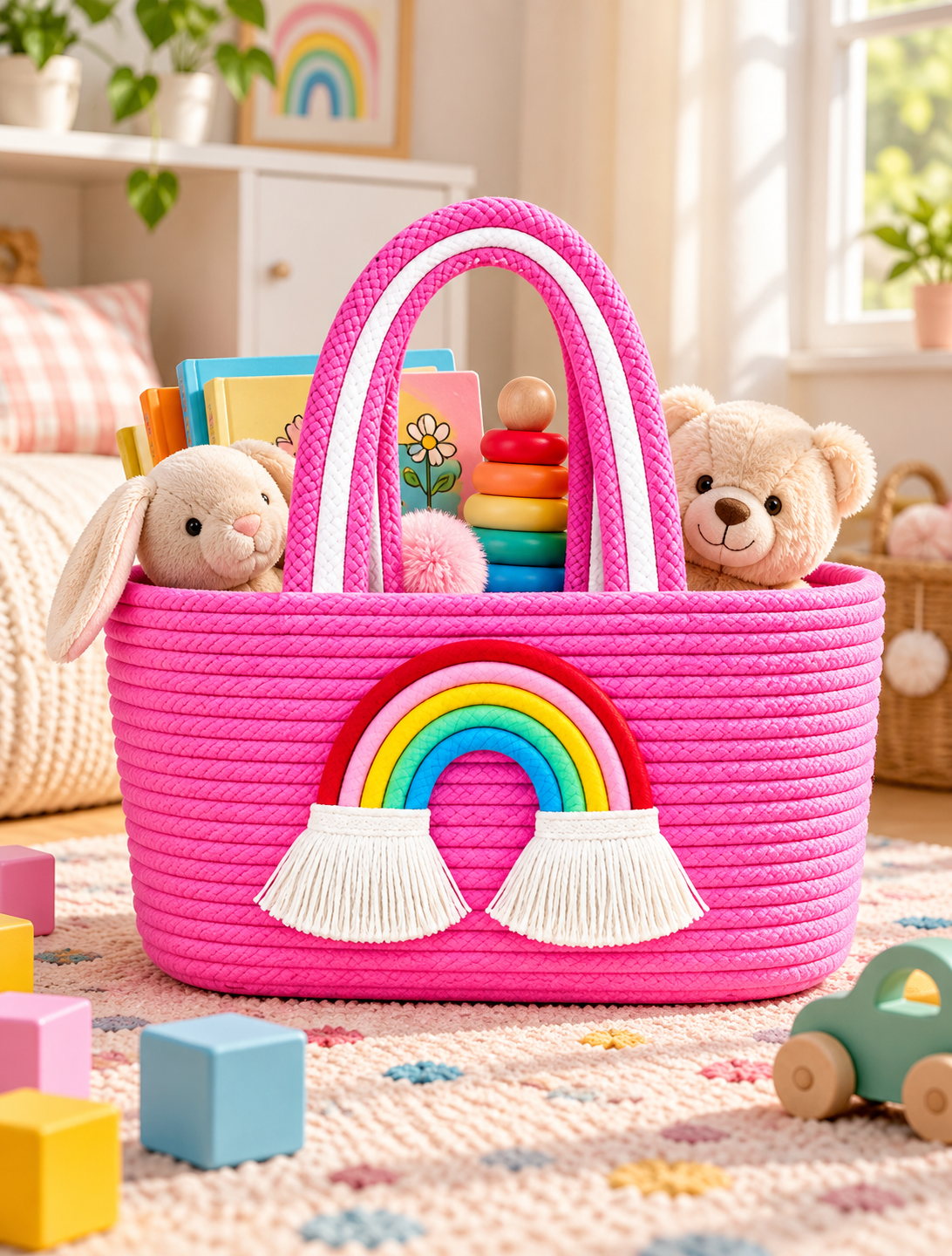 Jutepie Rainbow Rope Tote Bag – Handmade Braided Cotton Bag with Tassels | 10 × 6 × 6 Inch | Multiple Colors