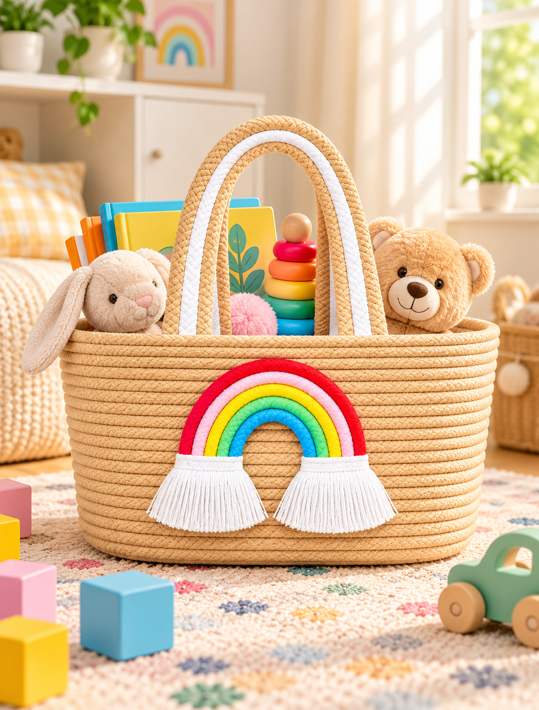 Jutepie Rainbow Rope Tote Bag – Handmade Braided Cotton Bag with Tassels | 10 × 6 × 6 Inch | Multiple Colors