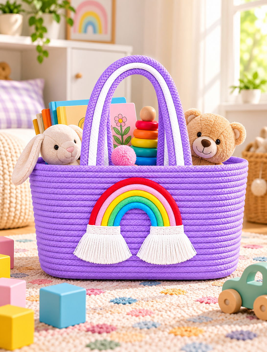 Jutepie Rainbow Rope Tote Bag – Handmade Braided Cotton Bag with Tassels | 10 × 6 × 6 Inch | Multiple Colors