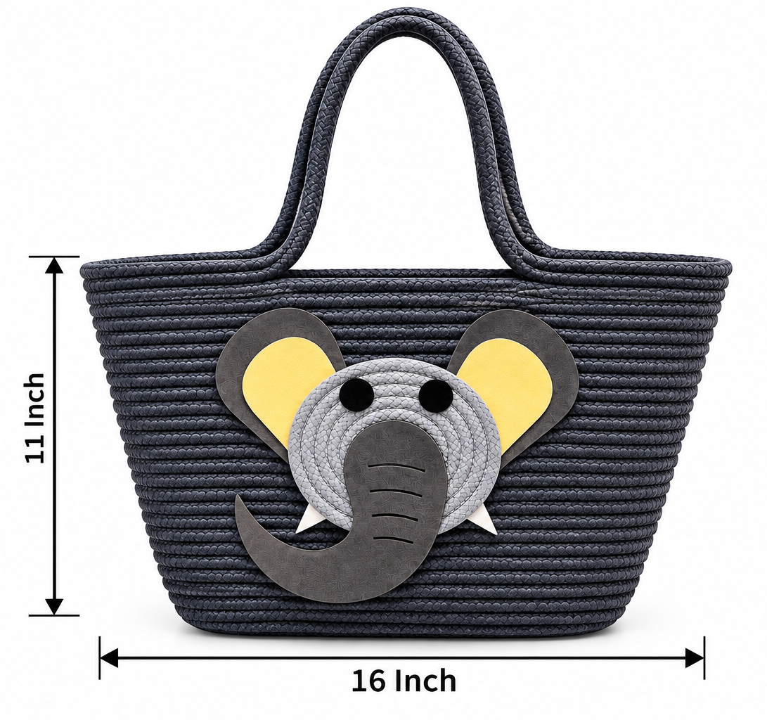 Handmade Elephant Design Woven Tote Bag | Cute Rope Shoulder Bag for Women & Kids | Stylish Shopping, Travel & Everyday Carry Bag-11x16 inch