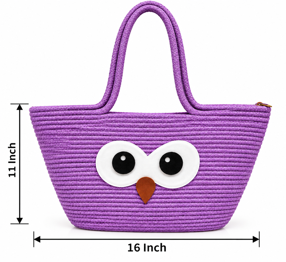 Handmade Owl Design Woven Tote Bag | Cute Rope Shoulder Bag for Women & Kids | Stylish Everyday Shopping & Carry Bag-11x16 inch