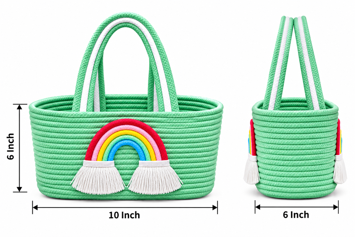 Jutepie Rainbow Rope Tote Bag – Handmade Braided Cotton Bag with Tassels | 10 × 6 × 6 Inch | Multiple Colors