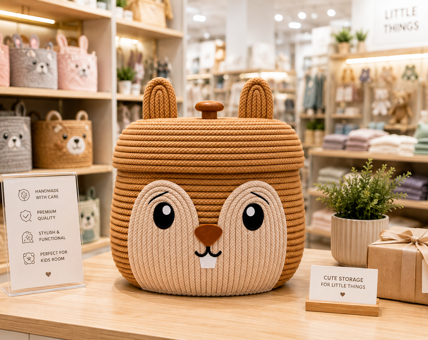 Cute Bunny Animal Face Storage Basket with Lid | Woven Rope Organizer for Kids Room & Nursery