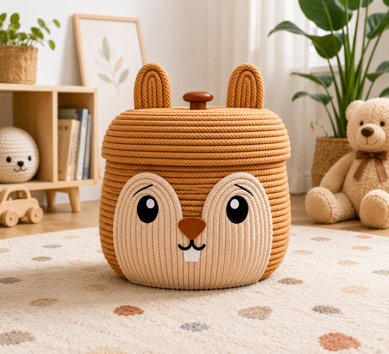Cute Bunny Animal Face Storage Basket with Lid | Woven Rope Organizer for Kids Room & Nursery