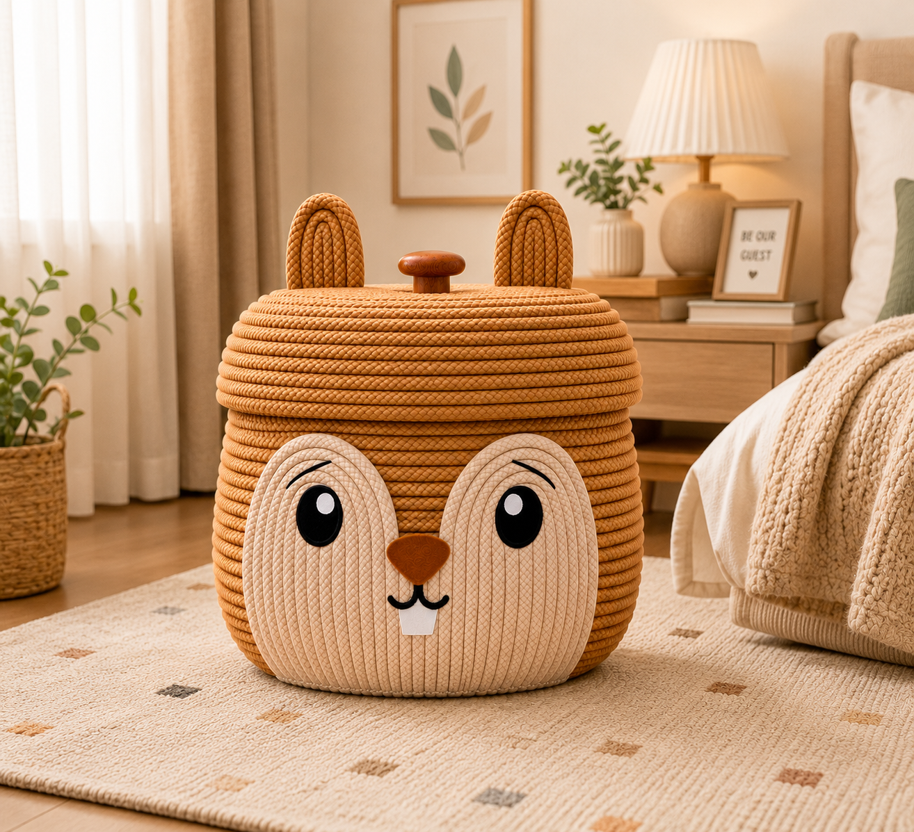 Cute Bunny Animal Face Storage Basket with Lid | Woven Rope Organizer for Kids Room & Nursery