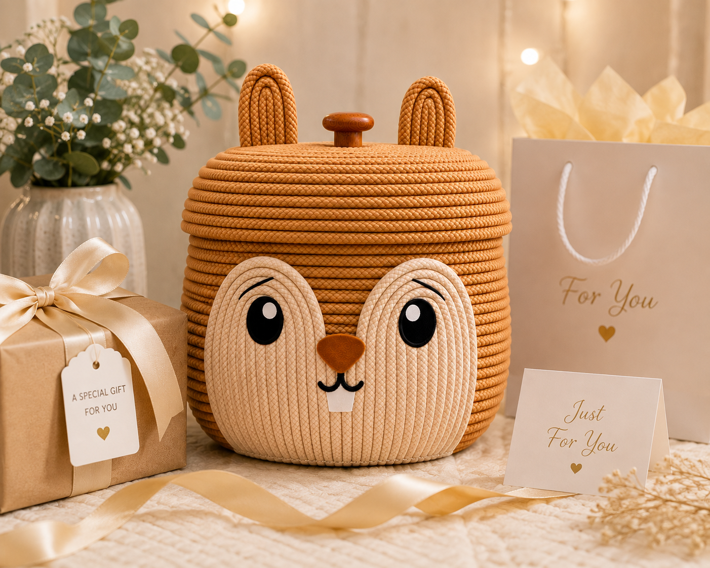 Cute Bunny Animal Face Storage Basket with Lid | Woven Rope Organizer for Kids Room & Nursery