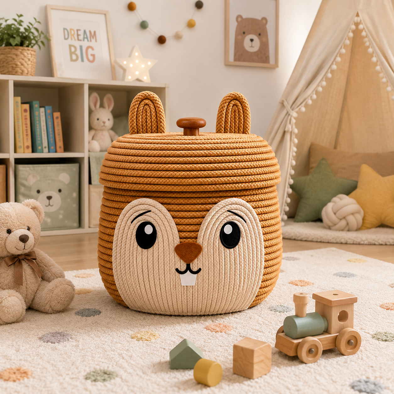 Cute Bunny Animal Face Storage Basket with Lid | Woven Rope Organizer for Kids Room & Nursery