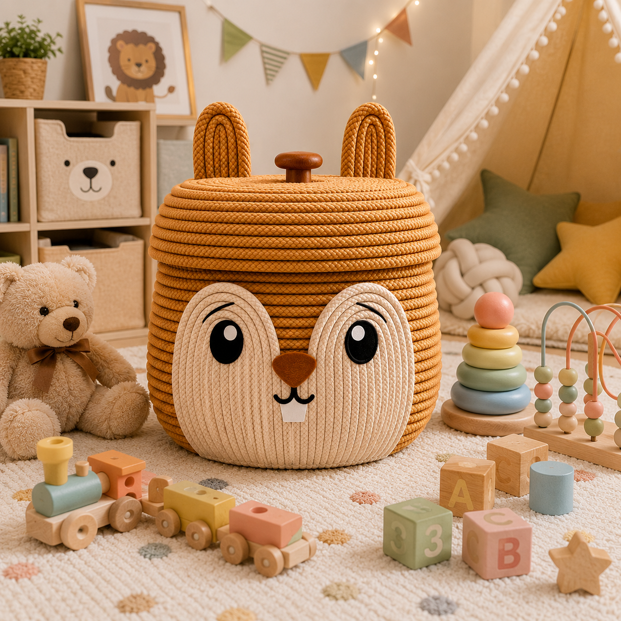 Cute Bunny Animal Face Storage Basket with Lid | Woven Rope Organizer for Kids Room & Nursery