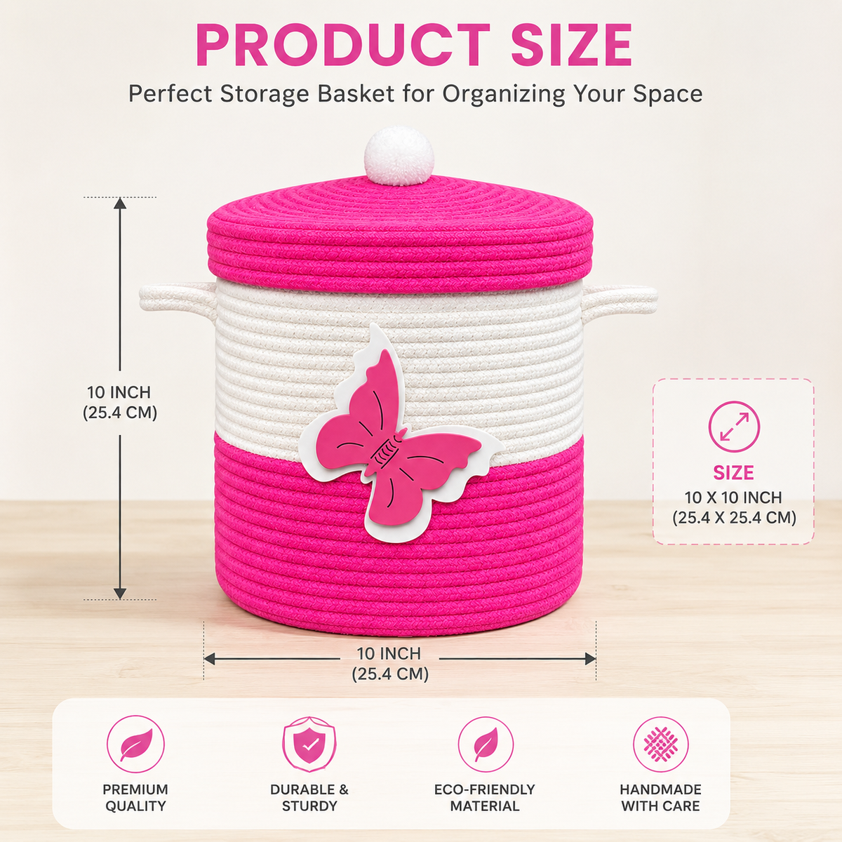 Handmade Butterfly Design Woven Storage Basket with Lid & Handles | Pink & White Rope Organizer for Kids Room, Nursery & Home Décor-10x10 inch