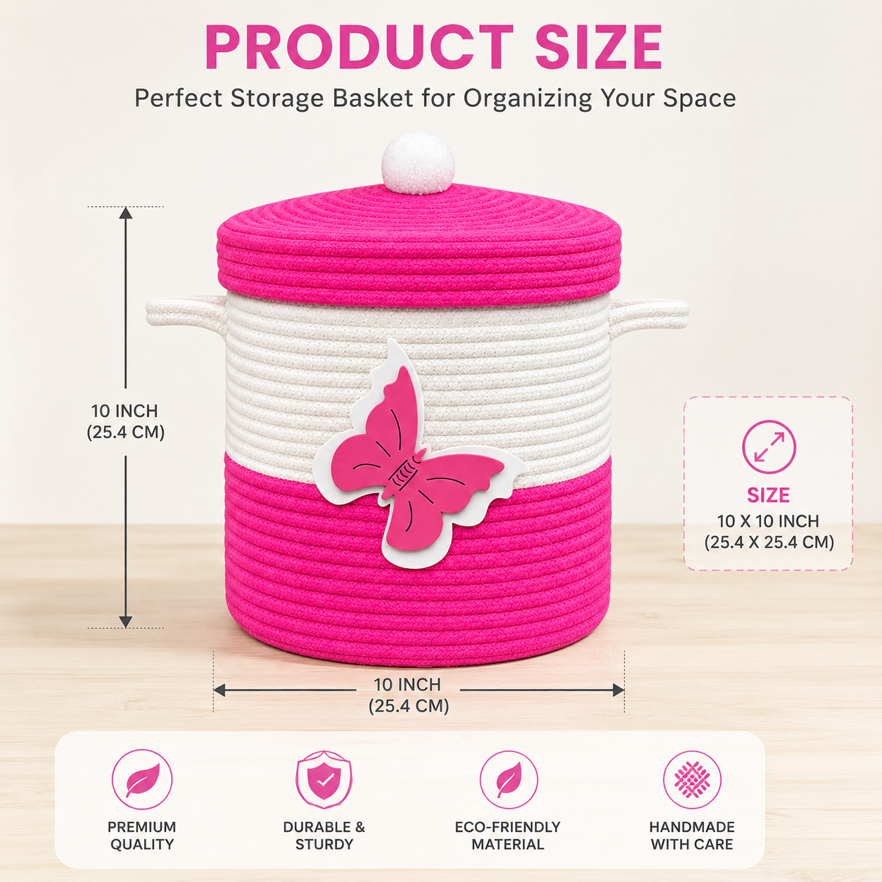 Pink & White Butterfly Woven Storage Basket with Lid