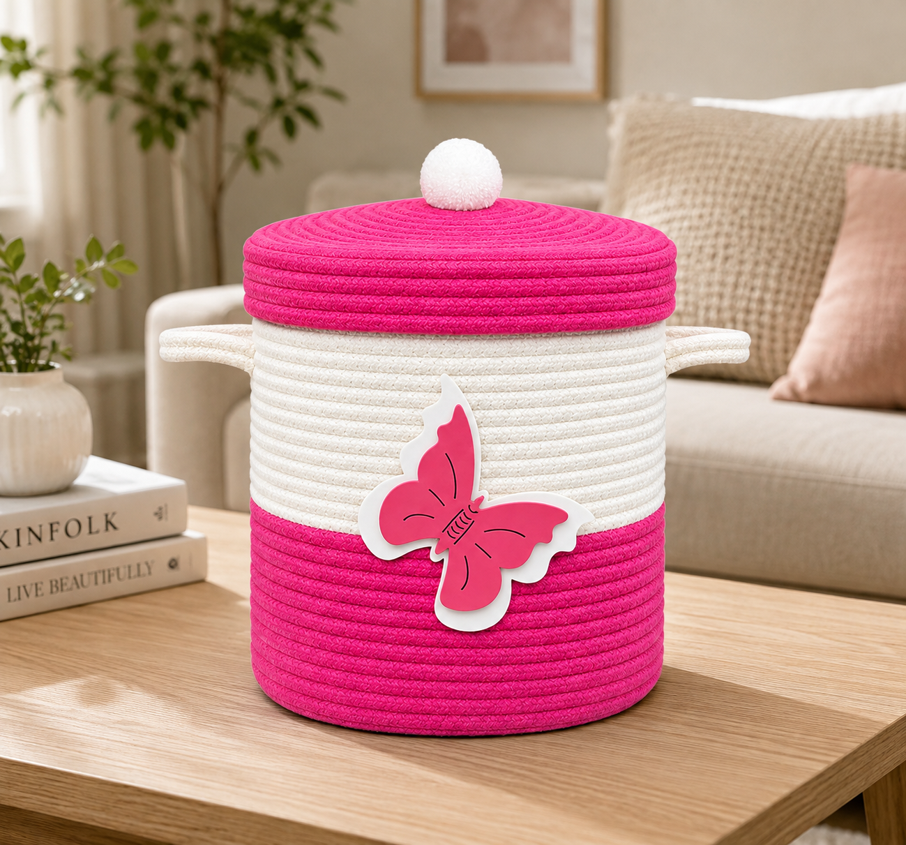 Pink & White Butterfly Woven Storage Basket with Lid