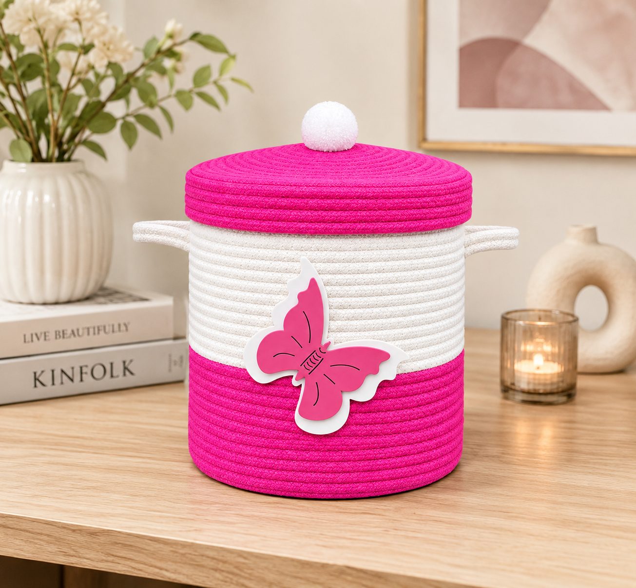 Pink & White Butterfly Woven Storage Basket with Lid