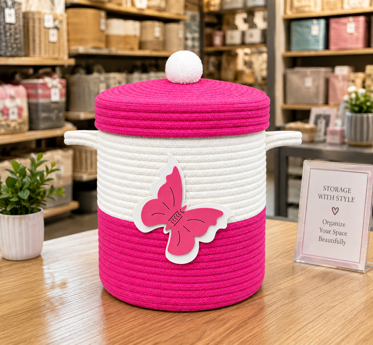 Pink & White Butterfly Woven Storage Basket with Lid