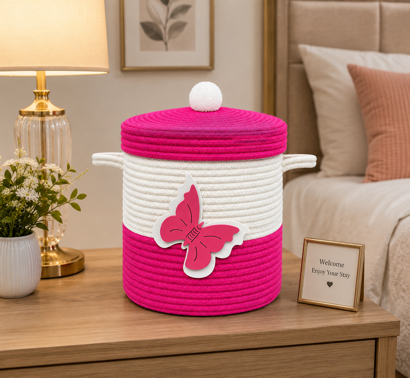 Pink & White Butterfly Woven Storage Basket with Lid