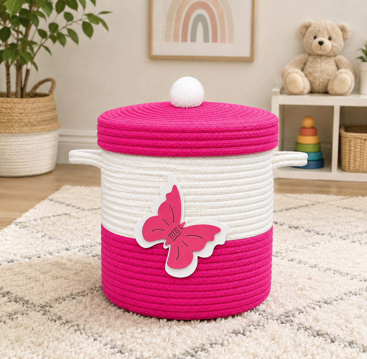 Pink & White Butterfly Woven Storage Basket with Lid