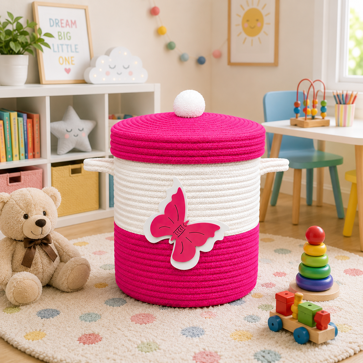 Pink & White Butterfly Woven Storage Basket with Lid