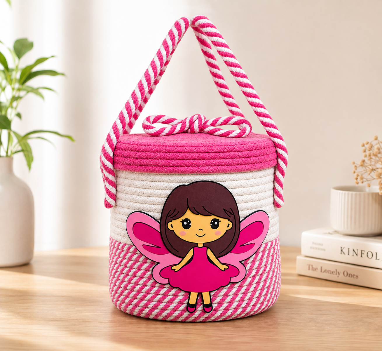 Pink Fairy Handmade Rope Storage Basket with Lid | Cute Kids Toy Organizer & Gift Basket