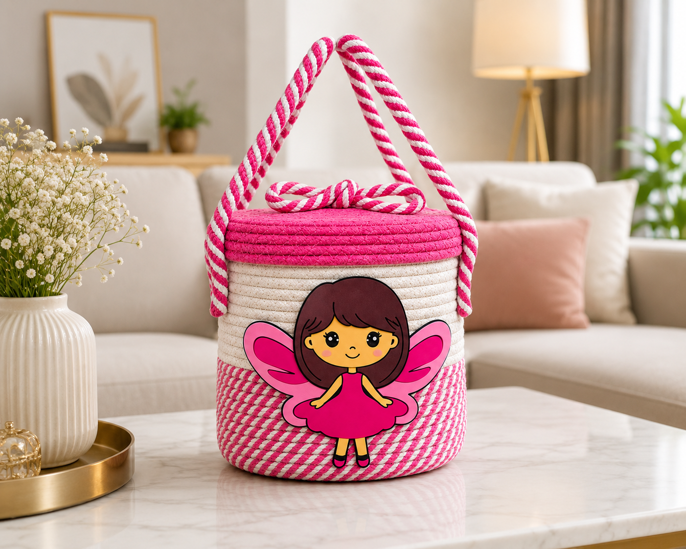 Pink Fairy Handmade Rope Storage Basket with Lid | Cute Kids Toy Organizer & Gift Basket