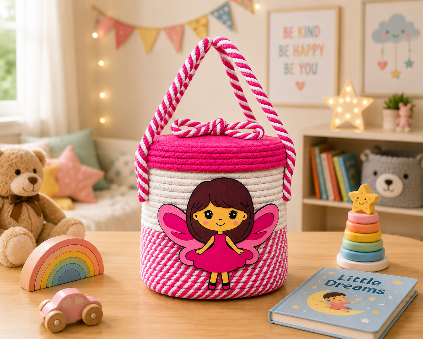 Pink Fairy Handmade Rope Storage Basket with Lid | Cute Kids Toy Organizer & Gift Basket