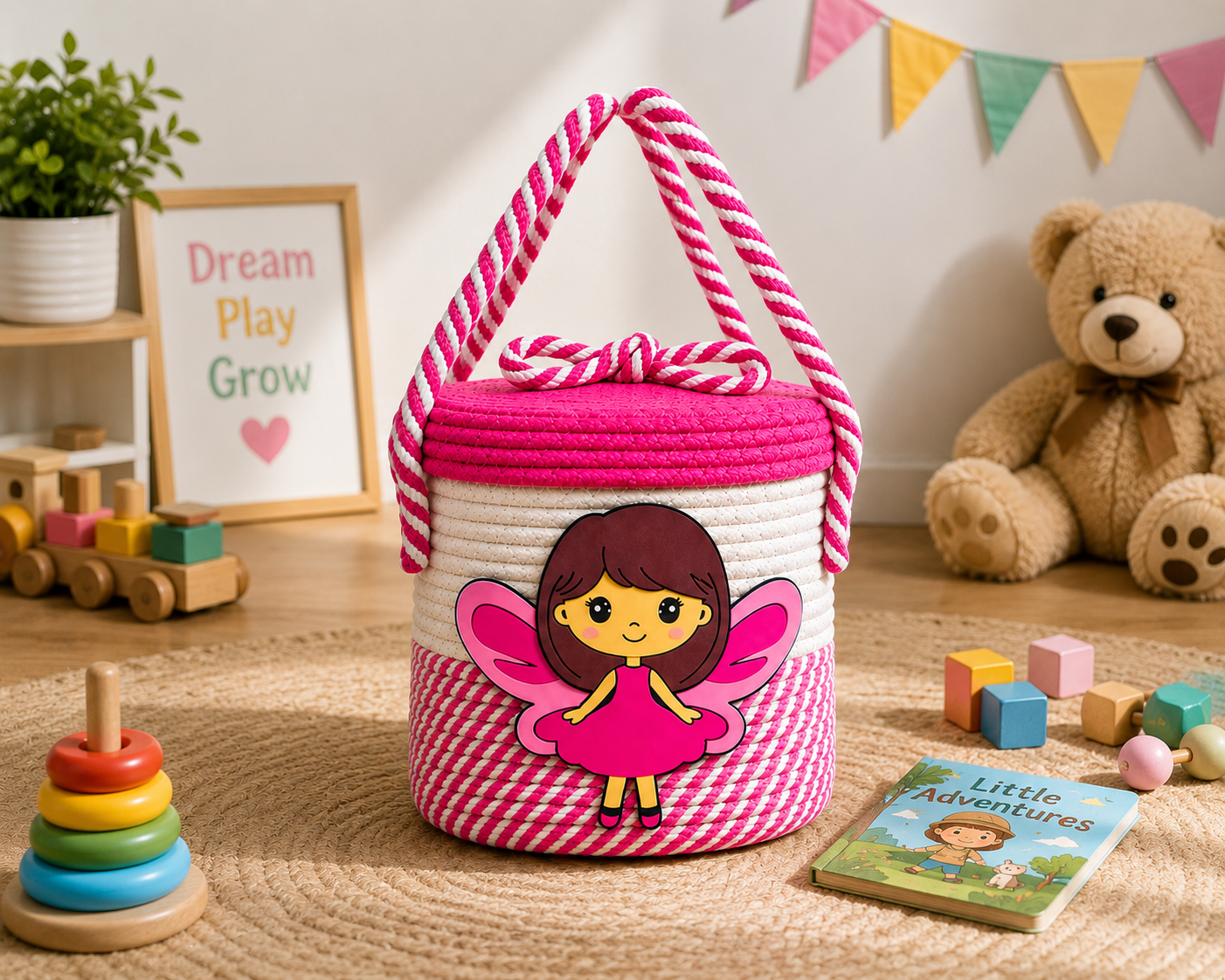 Pink Fairy Handmade Rope Storage Basket with Lid | Cute Kids Toy Organizer & Gift Basket