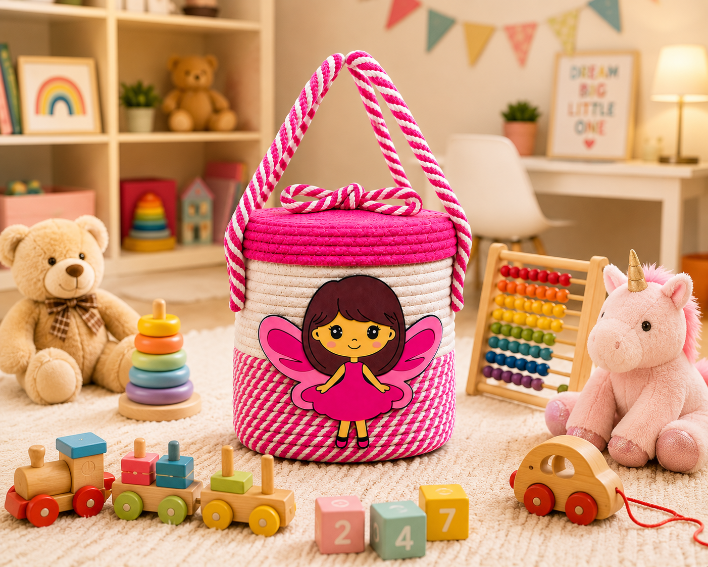 Pink Fairy Handmade Rope Storage Basket with Lid | Cute Kids Toy Organizer & Gift Basket