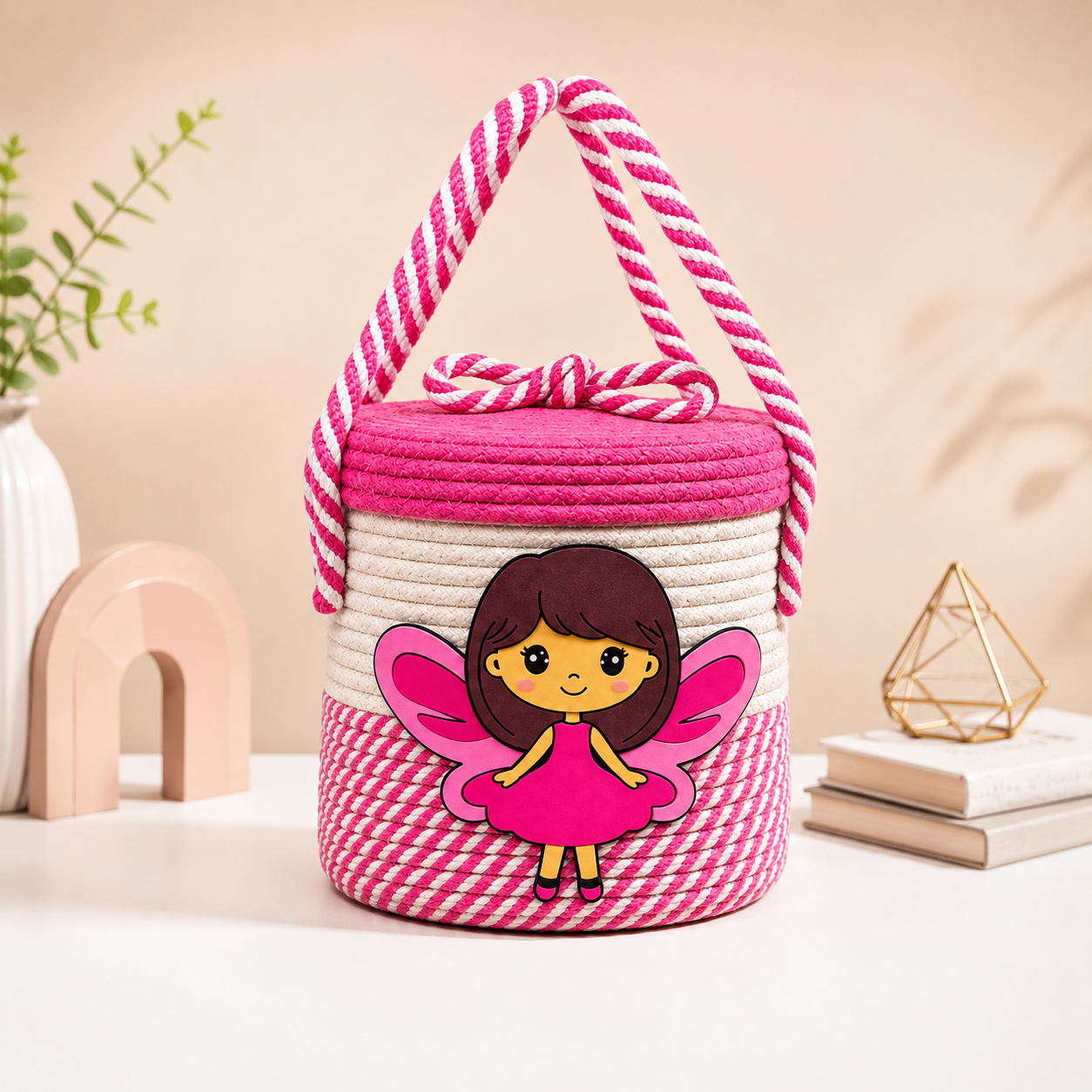 Pink Fairy Handmade Rope Storage Basket with Lid | Cute Kids Toy Organizer & Gift Basket