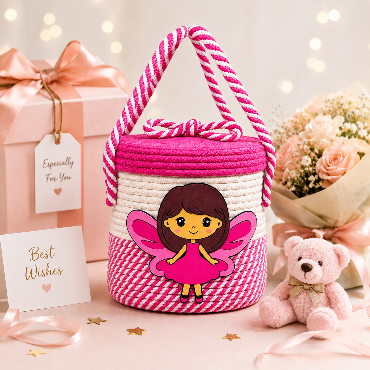Pink Fairy Handmade Rope Storage Basket with Lid | Cute Kids Toy Organizer & Gift Basket