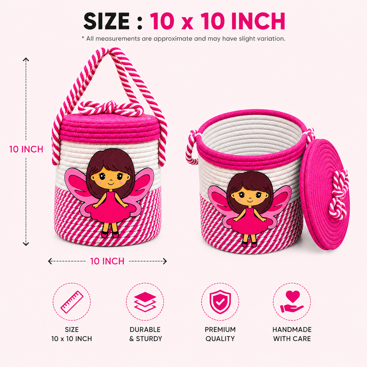 Pink Fairy Handmade Rope Storage Basket with Lid | Cute Kids Toy Organizer & Gift Basket