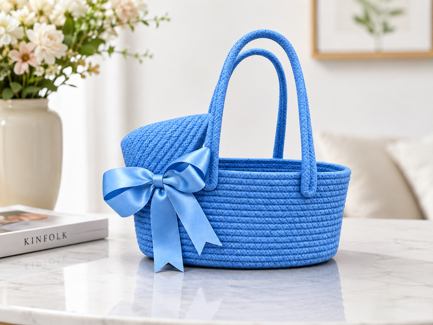 Sky Blue Woven Basket Bag with Satin Bow – Stylish Handmade Tote for Gifts & Home Décor