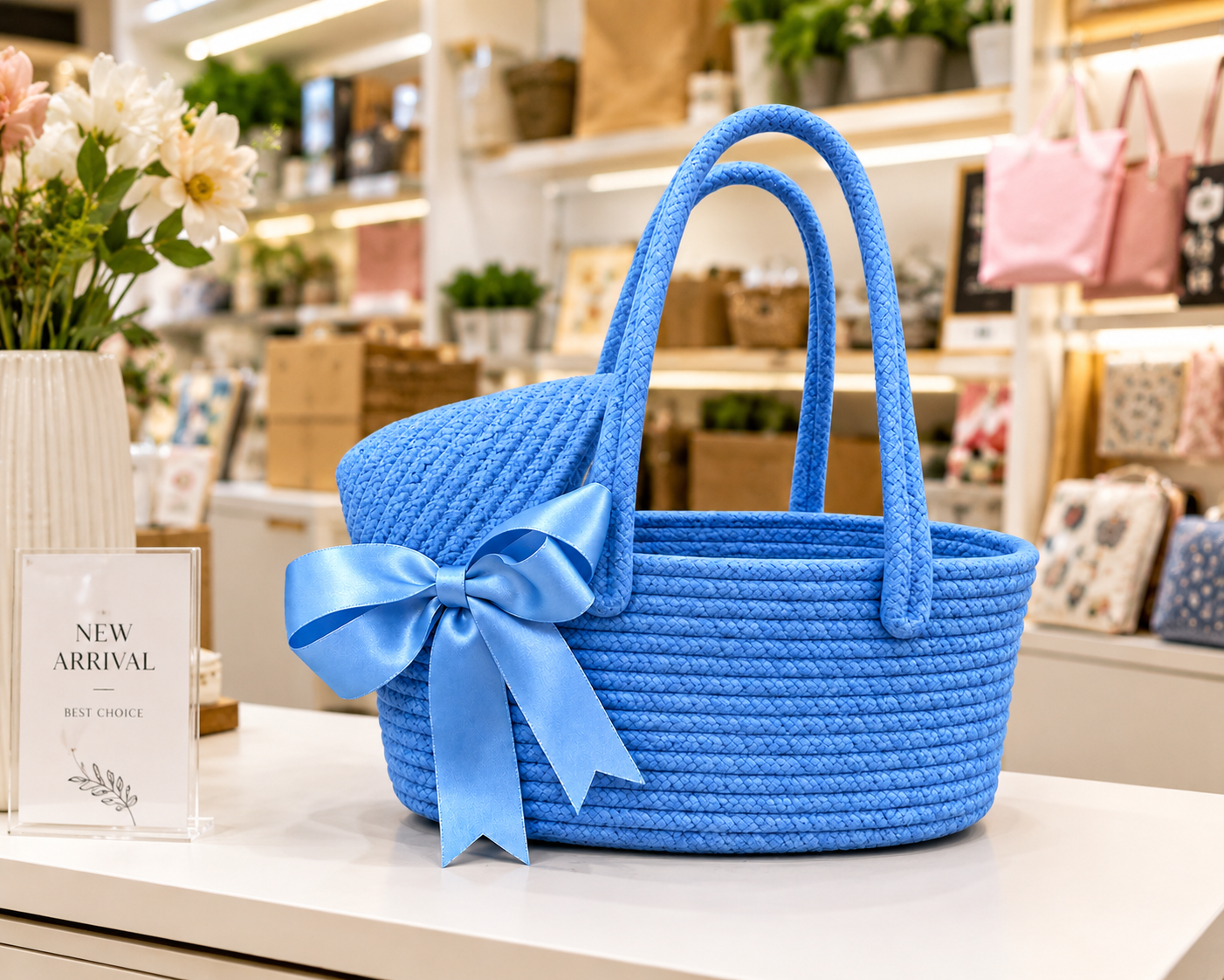 Sky Blue Woven Basket Bag with Satin Bow – Stylish Handmade Tote for Gifts & Home Décor