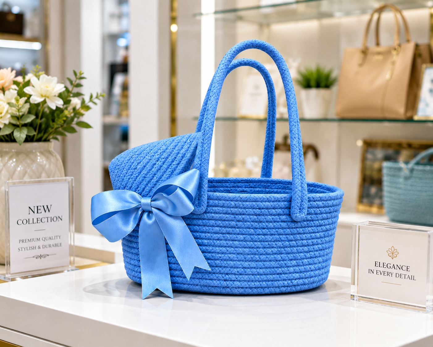 Sky Blue Woven Basket Bag with Satin Bow – Stylish Handmade Tote for Gifts & Home Décor