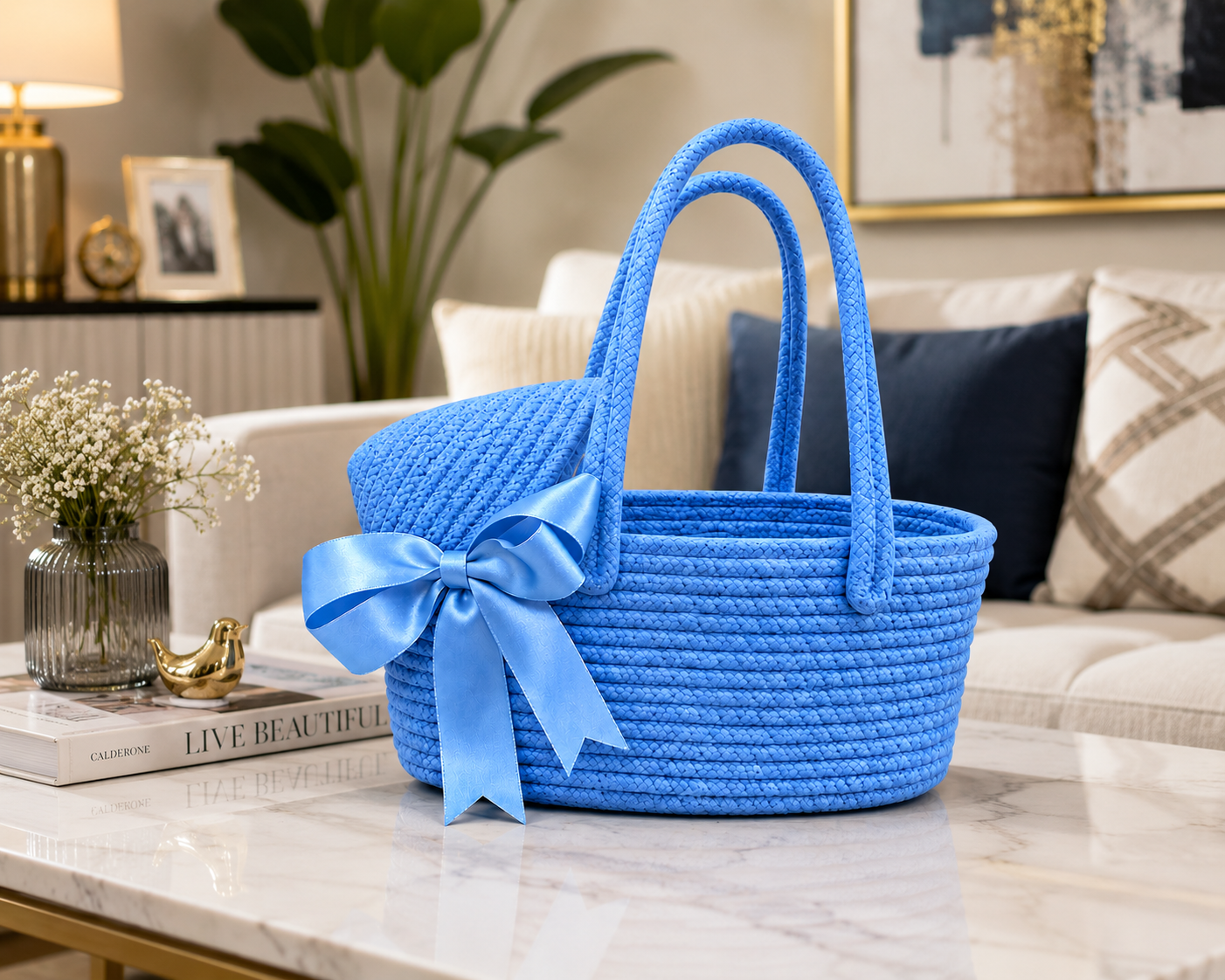 Sky Blue Woven Basket Bag with Satin Bow – Stylish Handmade Tote for Gifts & Home Décor