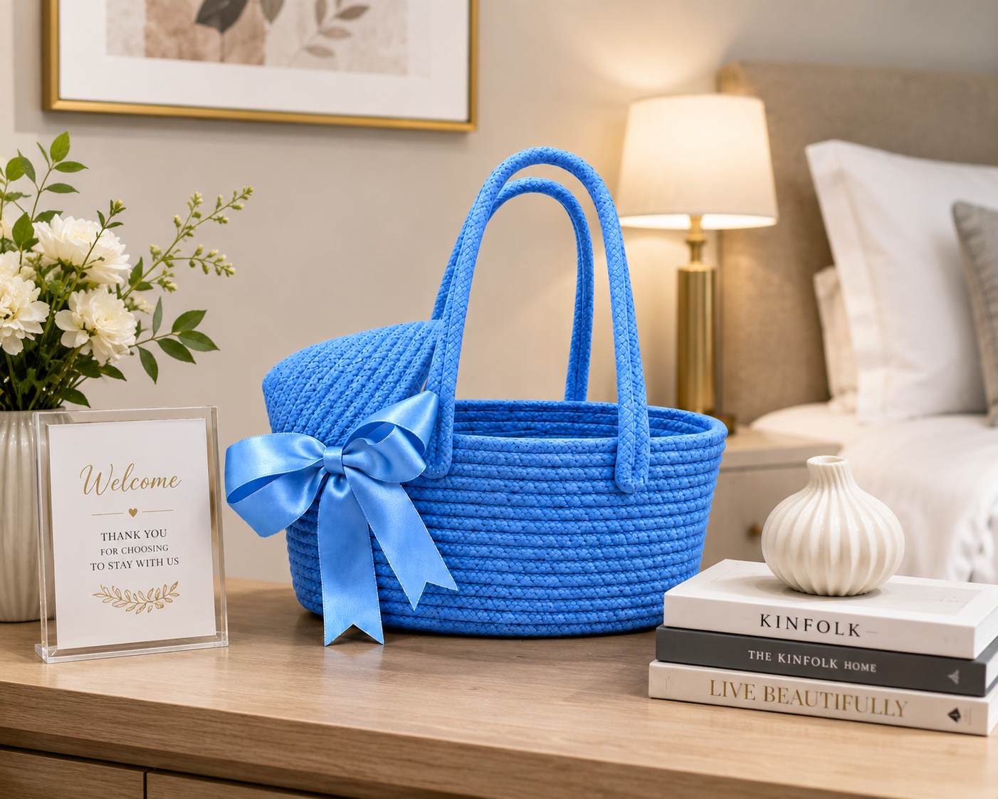 Sky Blue Woven Basket Bag with Satin Bow – Stylish Handmade Tote for Gifts & Home Décor