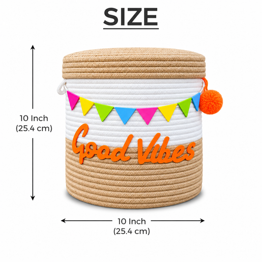 Good Vibes Decorative Rope Storage Basket with Lid | Colorful Hanging Bunting Organizer