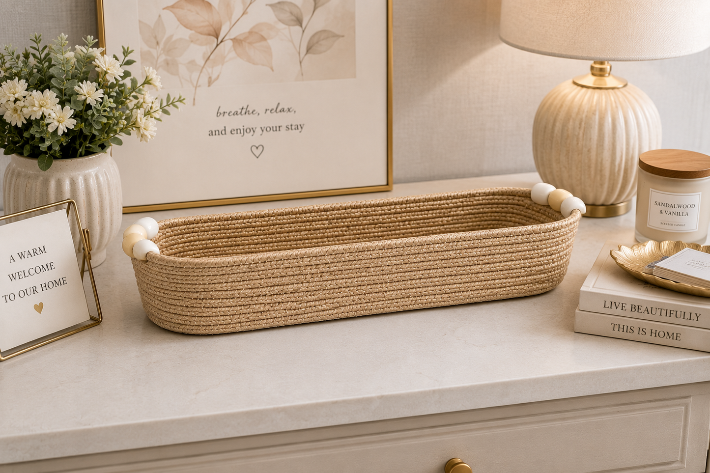 Natural Jute Rope Woven Storage Basket with Beaded Handles | Multipurpose Decorative Organizer