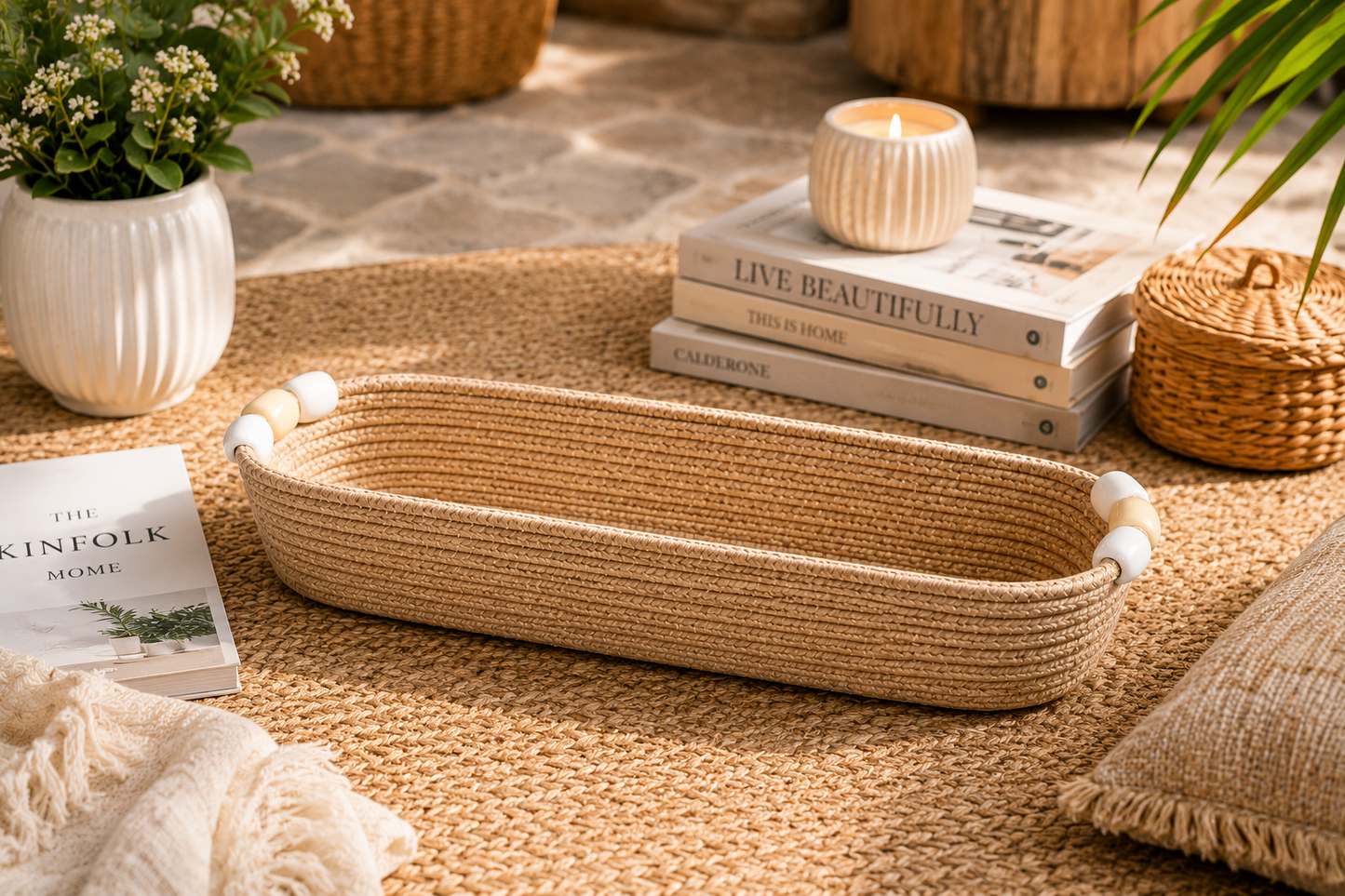 Natural Jute Rope Woven Storage Basket with Beaded Handles | Multipurpose Decorative Organizer