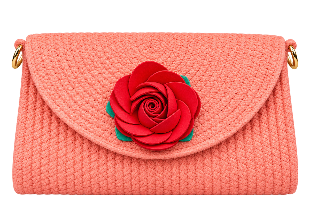 Handmade Woven Sling Bag with Floral Detailing & Detachable Strap | Stylish Clutch & Crossbody Bag for Women-12x7 inch