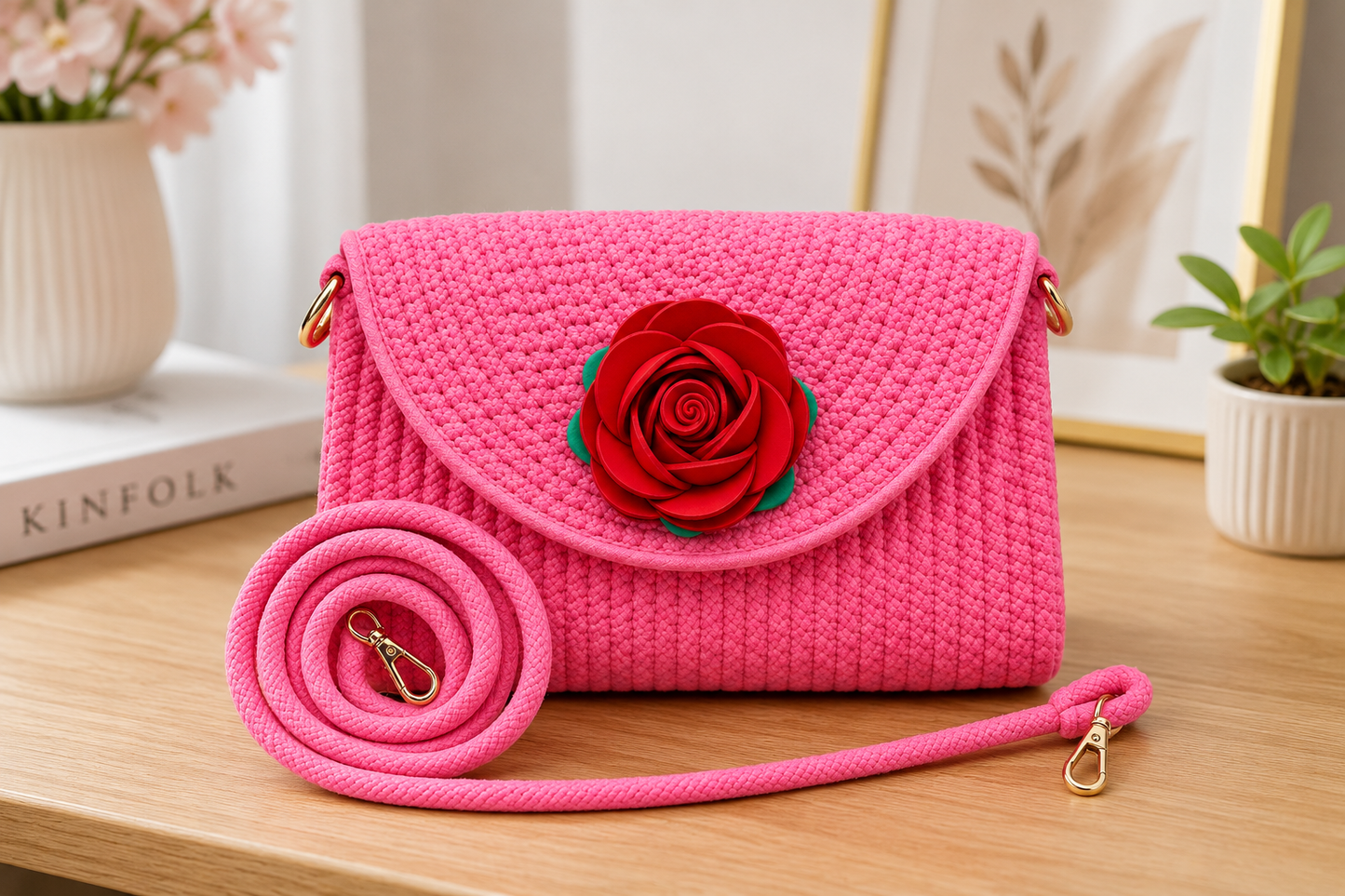 Blue Handmade Woven Sling Bag with Floral Design | Stylish Crossbody Clutch