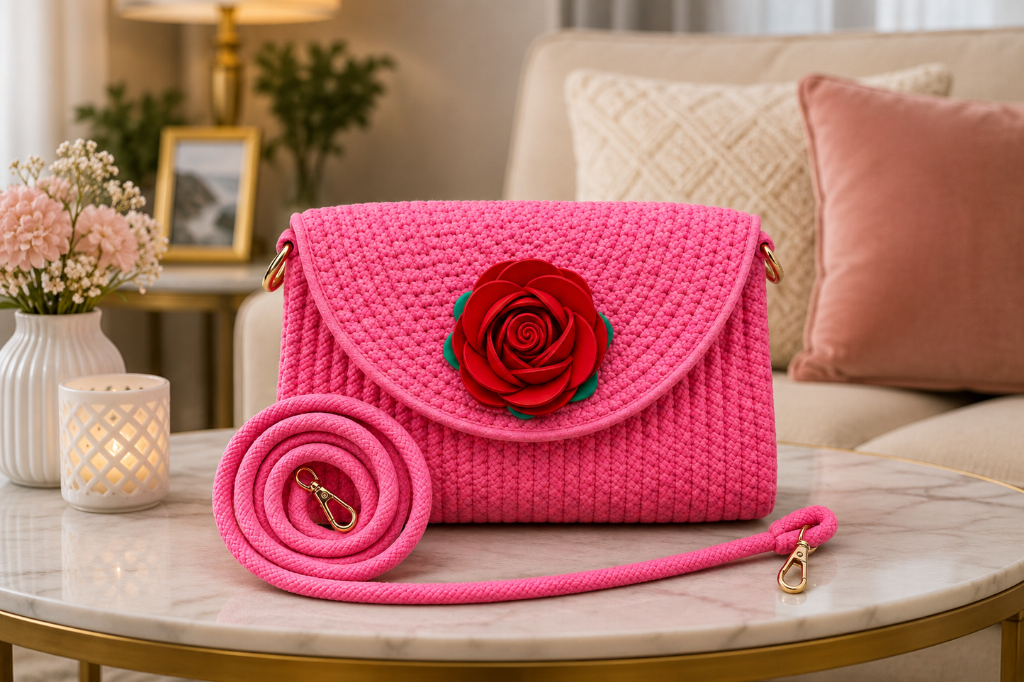 Blue Handmade Woven Sling Bag with Floral Design | Stylish Crossbody Clutch
