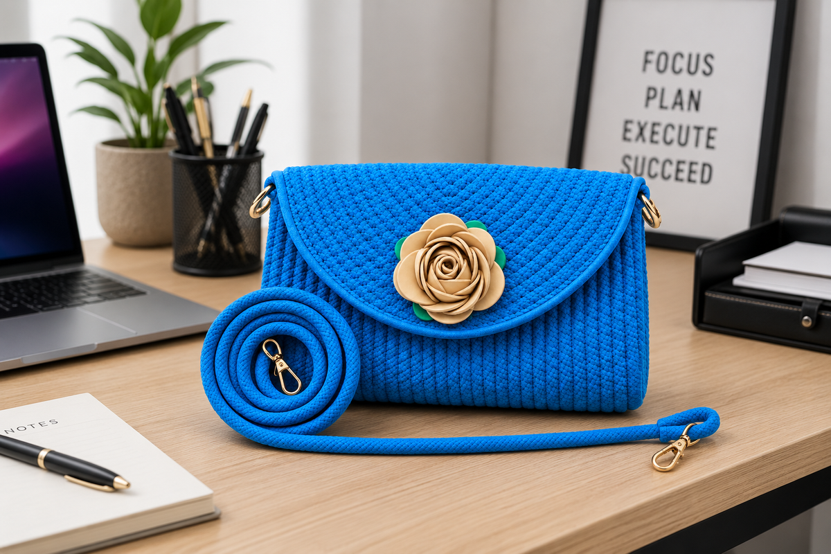 Blue Handmade Woven Sling Bag with Floral Design | Stylish Crossbody Clutch