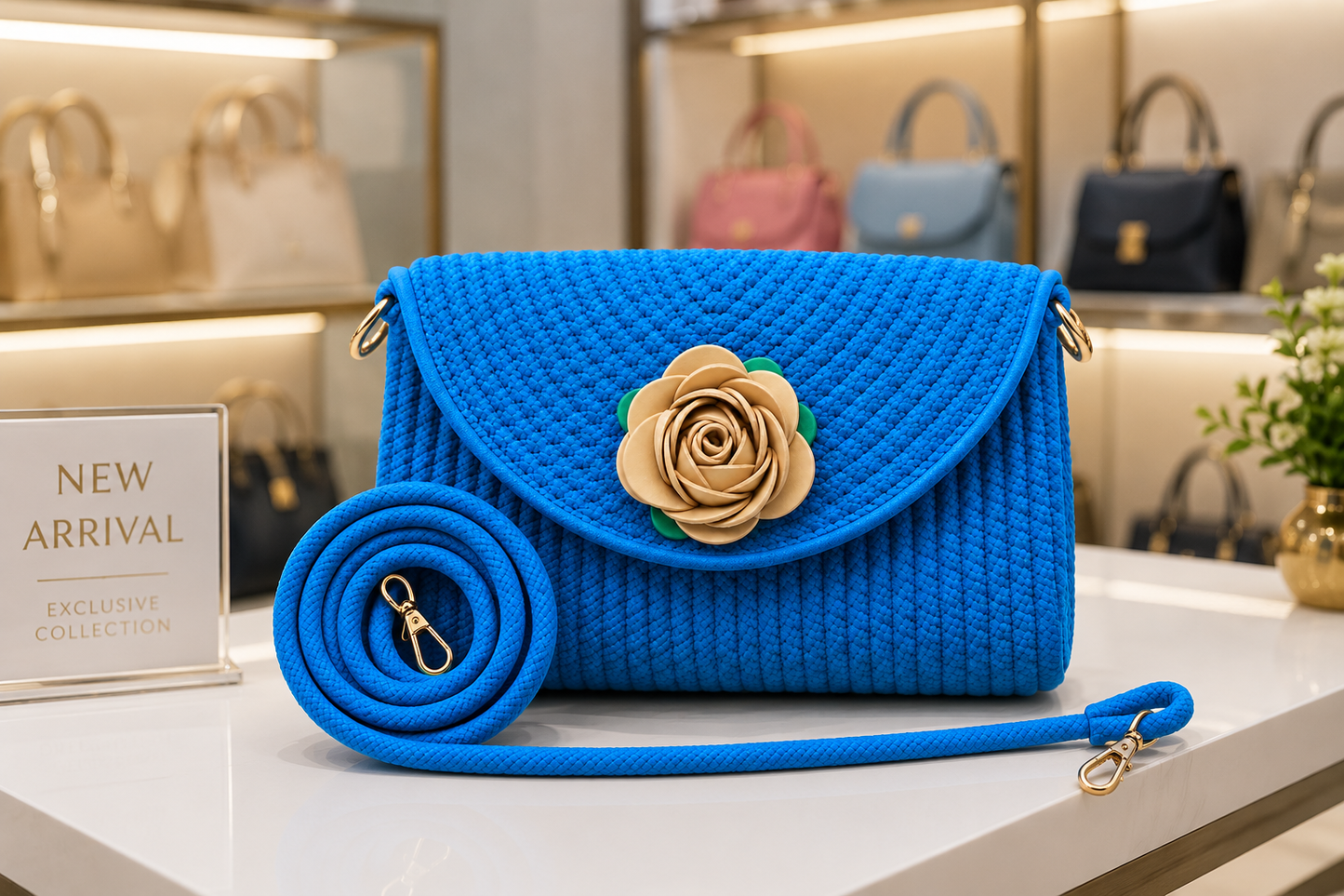 Blue Handmade Woven Sling Bag with Floral Design | Stylish Crossbody Clutch