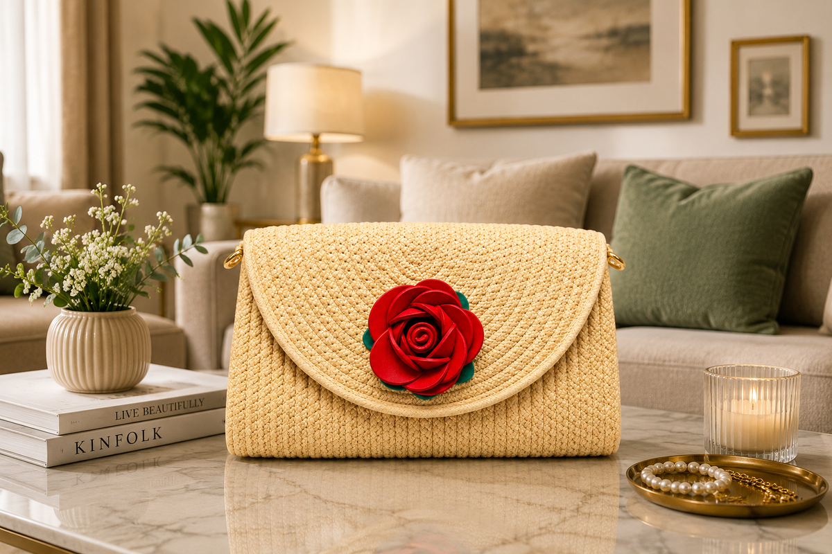 Blue Handmade Woven Sling Bag with Floral Design | Stylish Crossbody Clutch