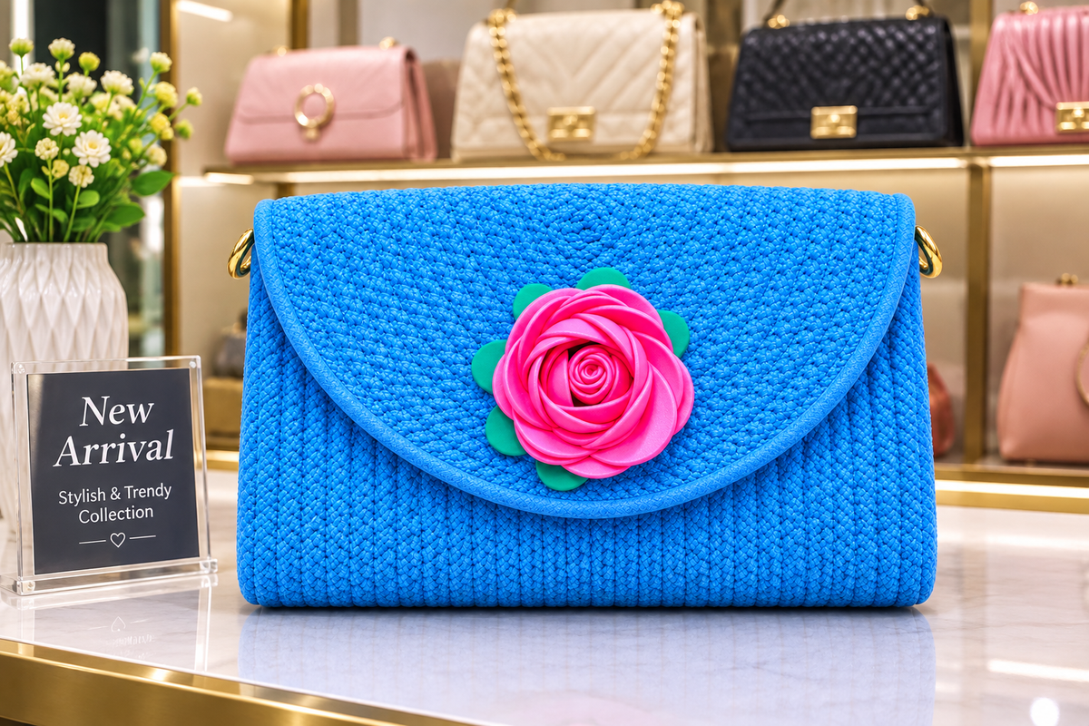 Blue Handmade Woven Sling Bag with Floral Design | Stylish Crossbody Clutch